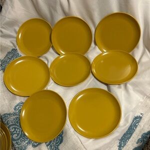 Vintage Melamine Plates Salad or Dessert Set of 8 Yellow Gold Mustard 70's wood